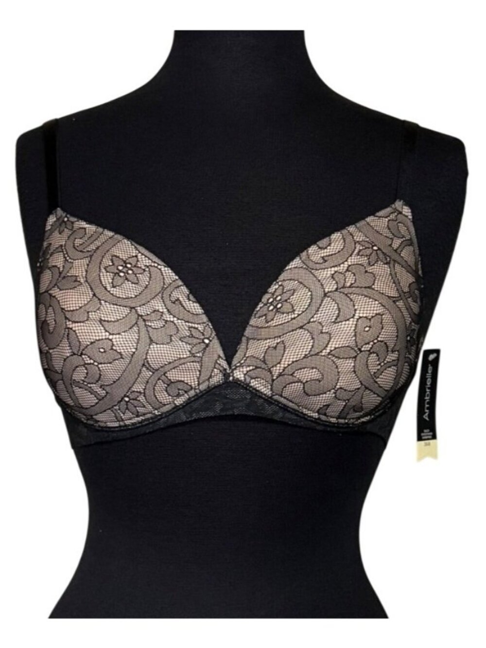 Ambrielle Black Floral Lace Beige Color Smoothing Wirefree Bra Women's Size 36B